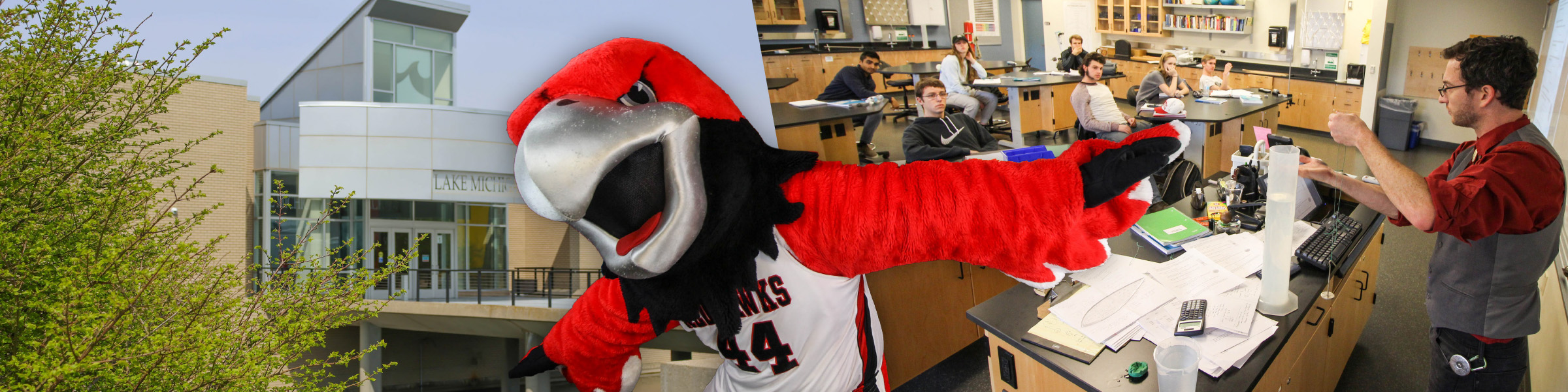 Collage including entrance to Benton Harbor Campus, a science classroom and Rocky the Red Hawk in his basketball jersey.