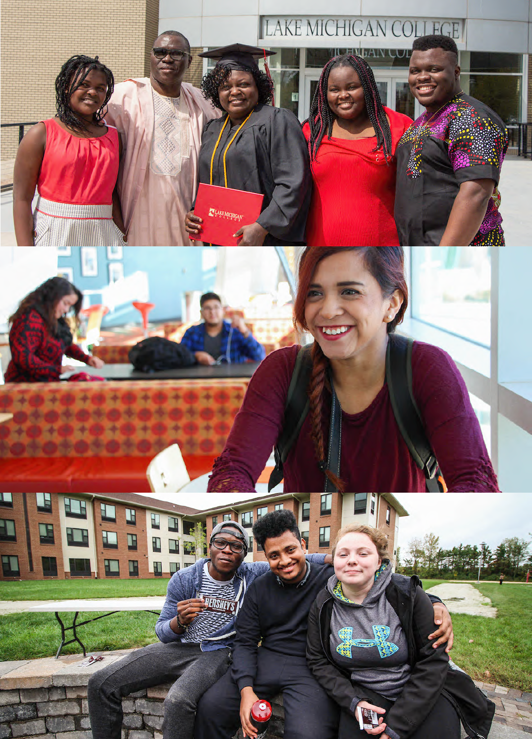 Collage of three images showing students of different ages, races and genders graduating, studying and having fun.