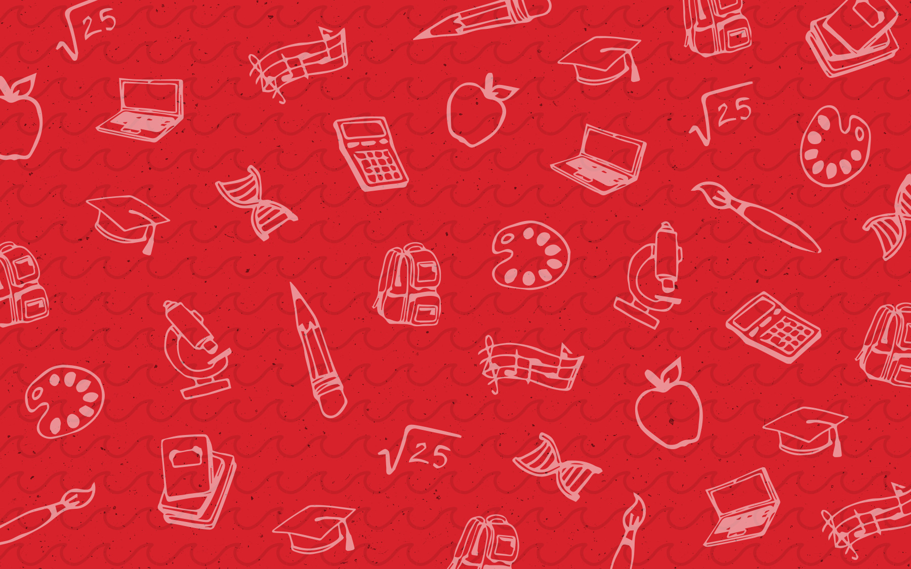 Friendly handdrawn icons representing school on a red background.