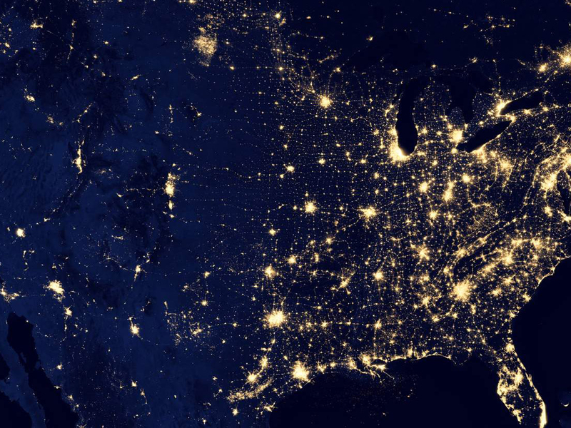 Satellite imagery of lights around the United States.