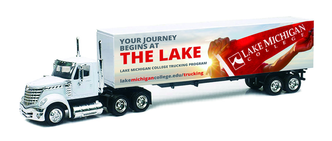 Semi truck with Lake Michigan College graphic wrapped around trailer.