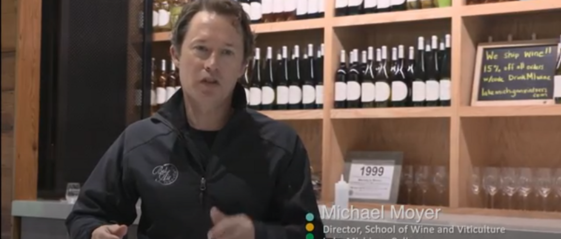 Mike Moyer talking to reporter in the Lake Michigan Vintners tasting room.