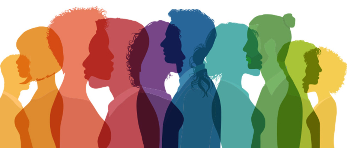 An abstract illustration of people in silhouette in a rainbow of colors.