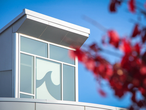 Campus building exterior window with wave logo and red branch