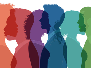 An abstract illustration of people in silhouette in a rainbow of colors.